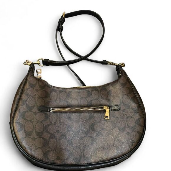 Coach Harley Hobo Shoulder Bag Brown Signature Canvas Black Leather Trim Gold - Picture 2 of 8